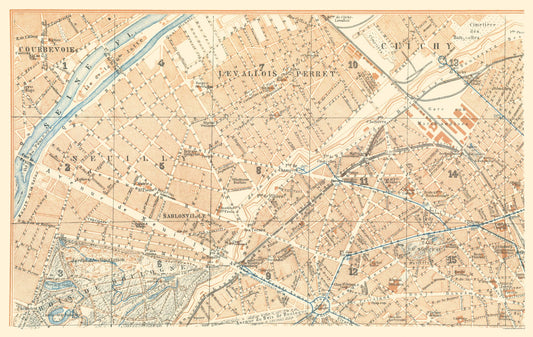 Historic Map - Paris France Courbevoie Clichy - Baedeker 1911 - 36.33 x 23 - Vintage Wall Art