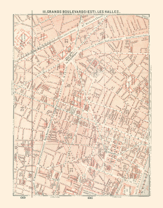 Historic Map - Paris France Les Halles - Baedeker 1911 - 23 x 29.39 - Vintage Wall Art