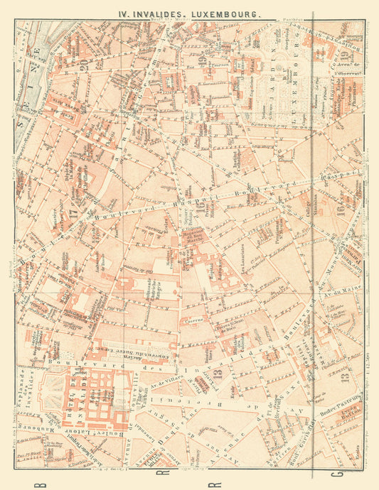 Historic Map - Invalides Luxembourg Paris France - Baedeker 1911 - 23 x 29.78 - Vintage Wall Art