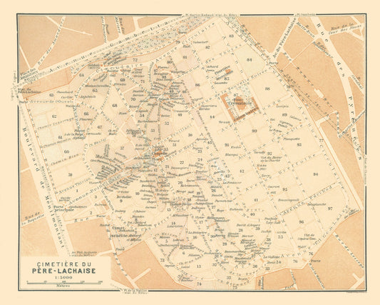 Historic Map - Paris France Pere Lachaise Cemetery - Baedeker 1911 - 28.74 x 23 - Vintage Wall Art