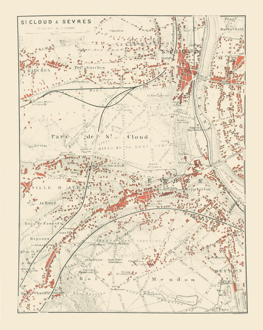 Historic Map - Paris France Saint Cloud Sevres - Baedeker 1911 - 23 x 28.83 - Vintage Wall Art