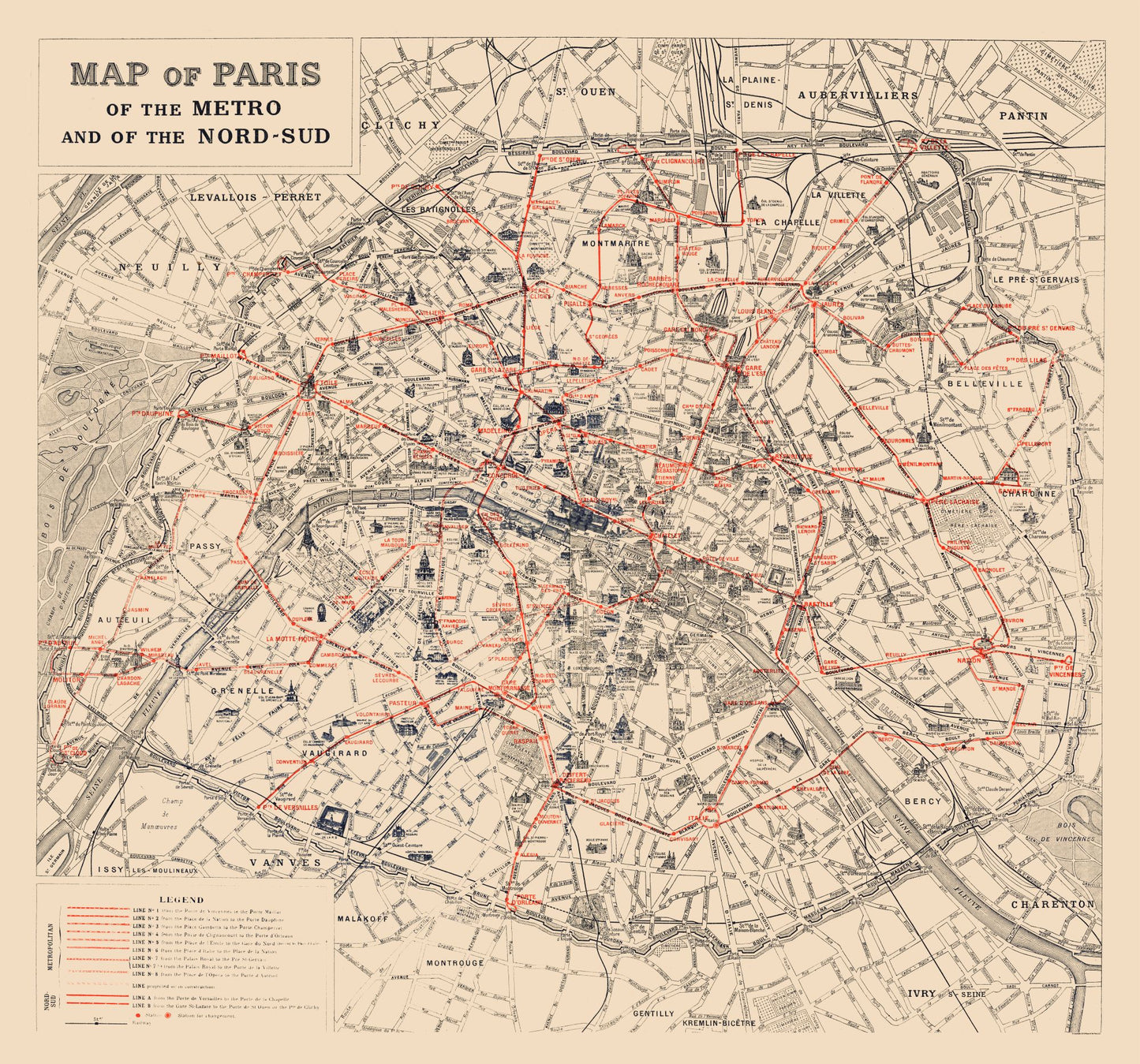 Historic Map - Paris France Metro- 1923 - 24.64 x 23 - Vintage Wall Art