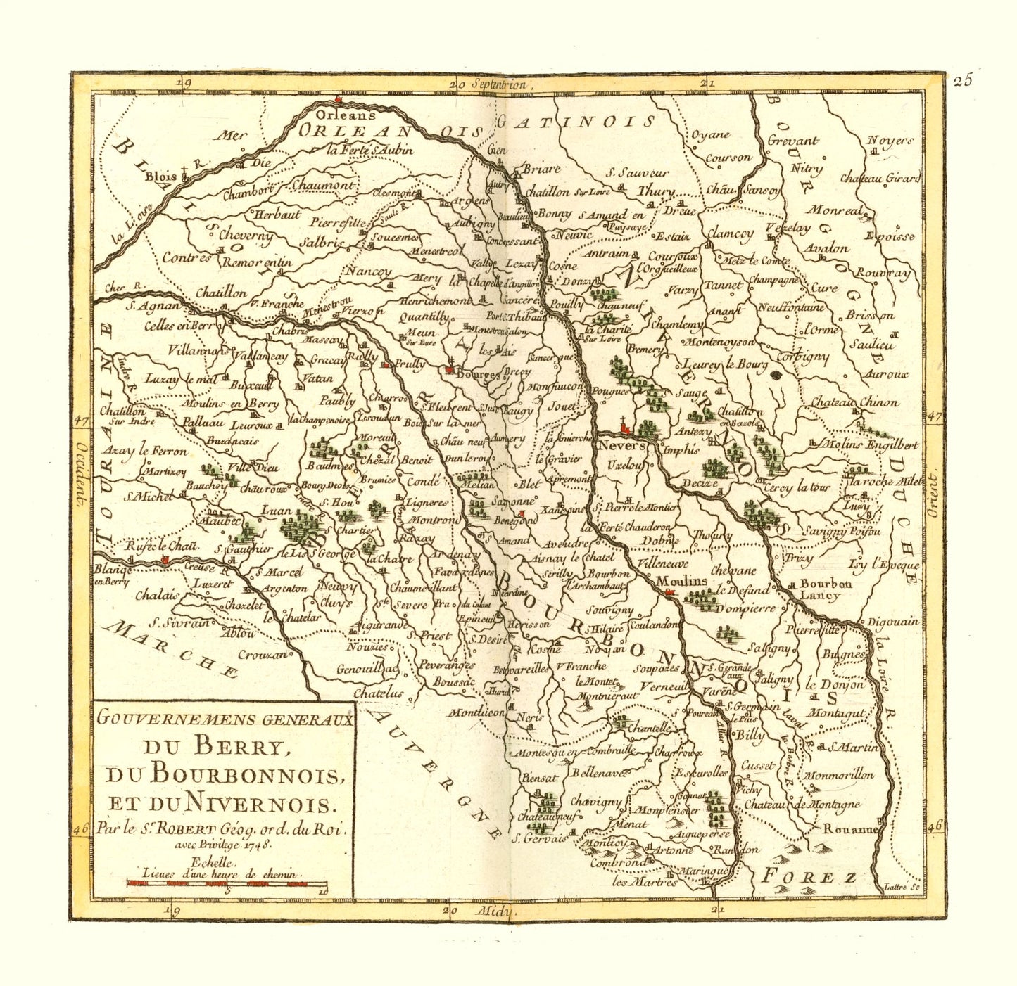 Historic Map - Berry Region Bourbonnais Nivernais France - Robert 1748 - 23.71 x 23 - Vintage Wall Art