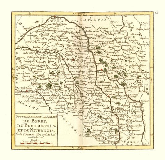 Historic Map - Berry Region Bourbonnais Nivernais France - Robert 1748 - 23.71 x 23 - Vintage Wall Art