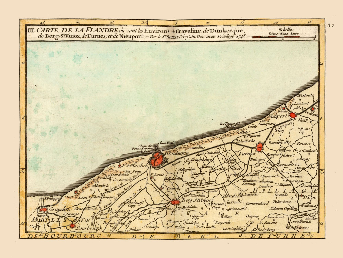 Historic Map - Gravelines Environs France - Robert 1748 - 30.62 x 23 - Vintage Wall Art