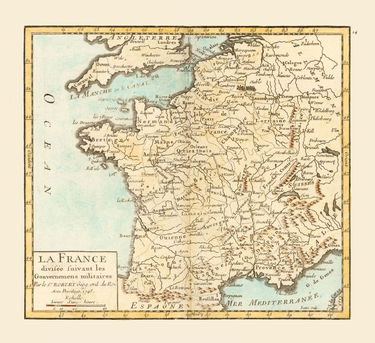 Historic Map - Military Governments France - Robert 1748 - 25.14 x 23 - Vintage Wall Art