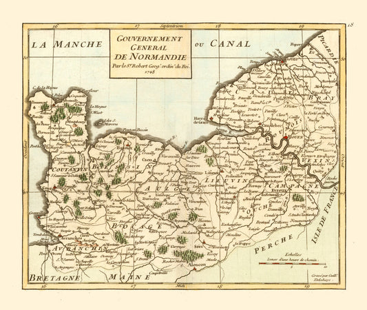 Historic Map - Normandie France - Robert 1748 - 27.23 x 23 - Vintage Wall Art