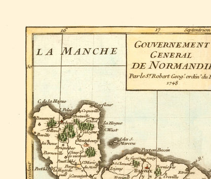 Historic Map - Normandie France - Robert 1748 - 27.23 x 23 - Vintage Wall Art