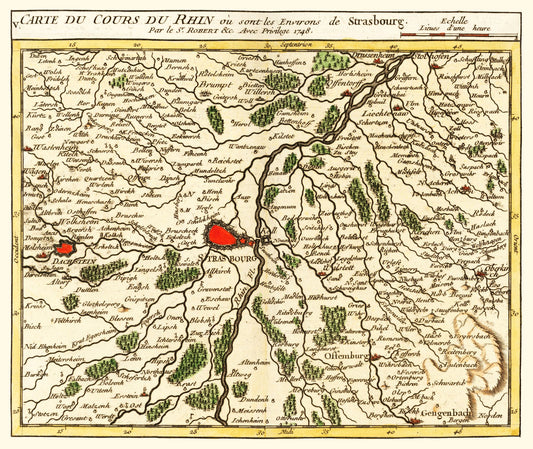 Historic Map - Rhine River Grand Est Region France - Robert 1748 - 27.33 x 23 - Vintage Wall Art