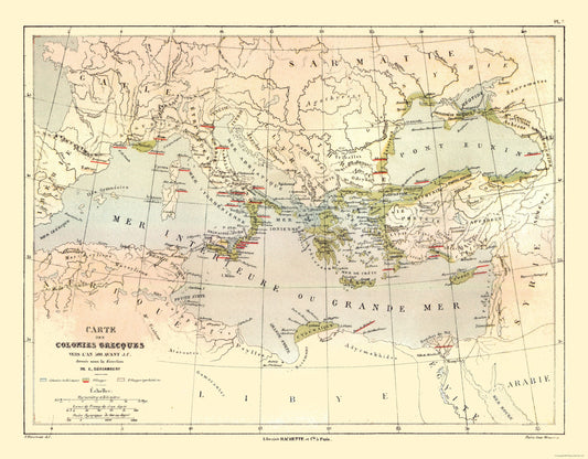 Historic Map - Middle East Greek Colonies 500 BC - Cortambert 1880 - 29.50 x 23 - Vintage Wall Art