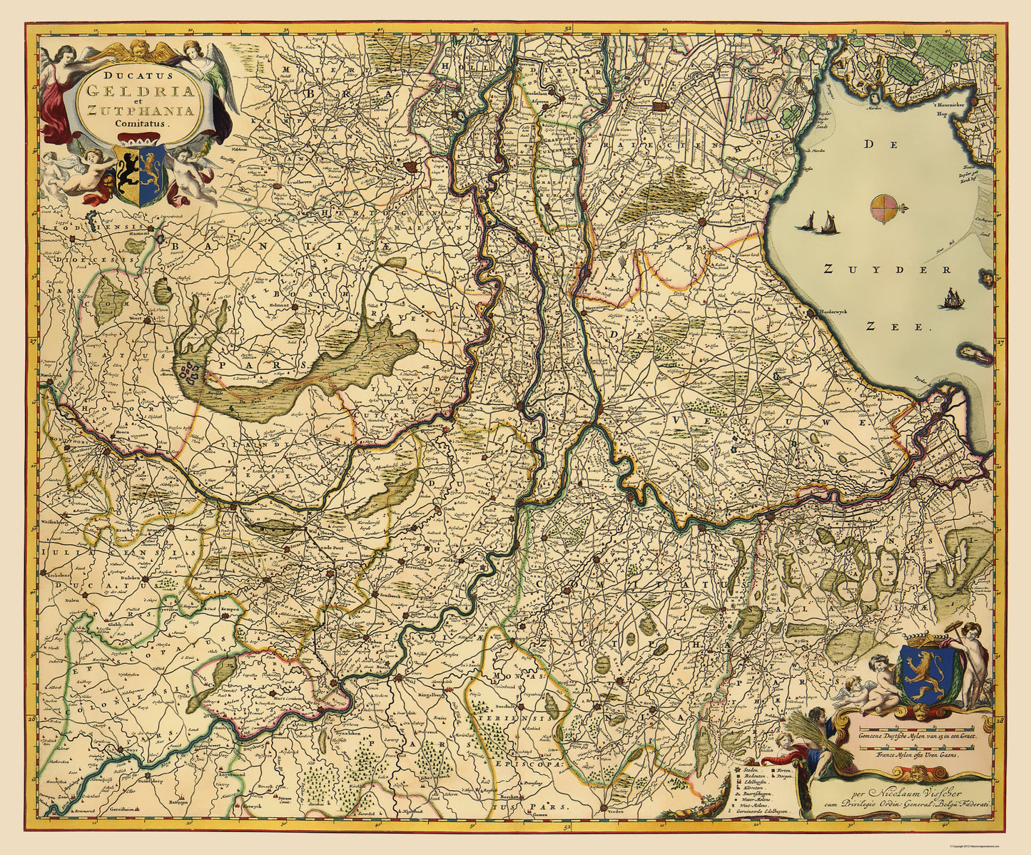 Historic Map - Gelderland Zutphen Netherlands - Visscher 1682 - 23 x 27.73 - Vintage Wall Art