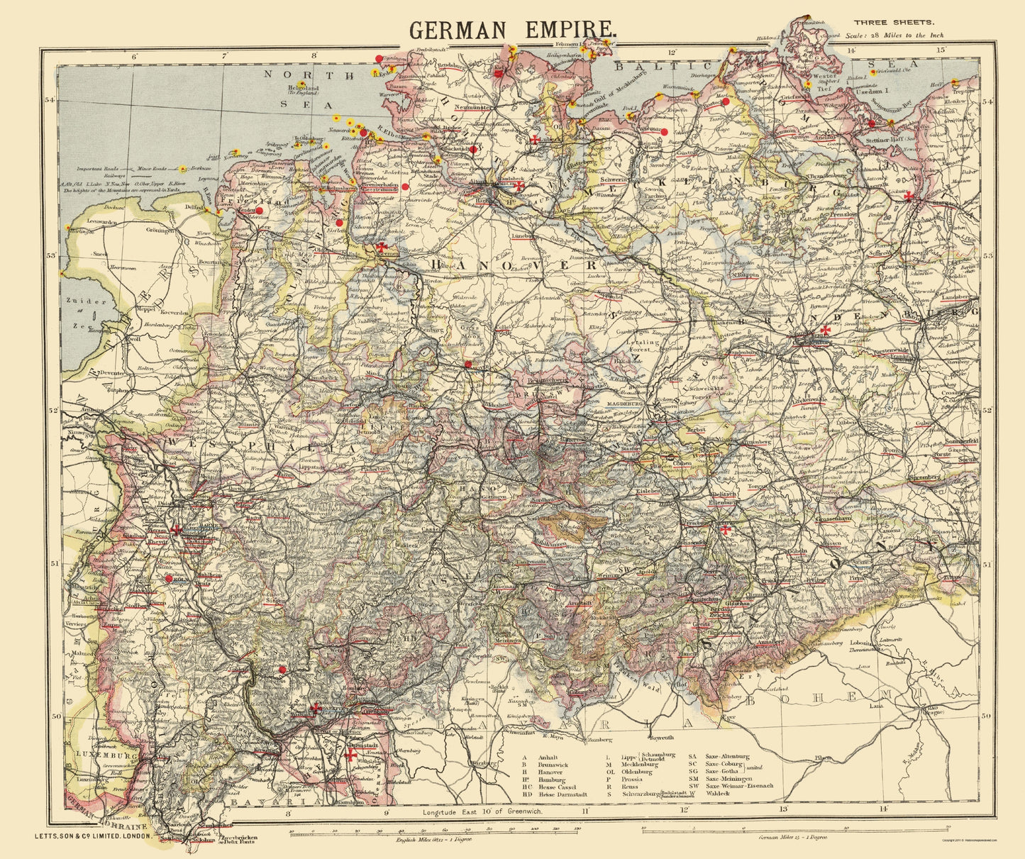 Historic Map - German Empire 1 - Letts 1883 - 23 x 27.45 - Vintage Wall Art