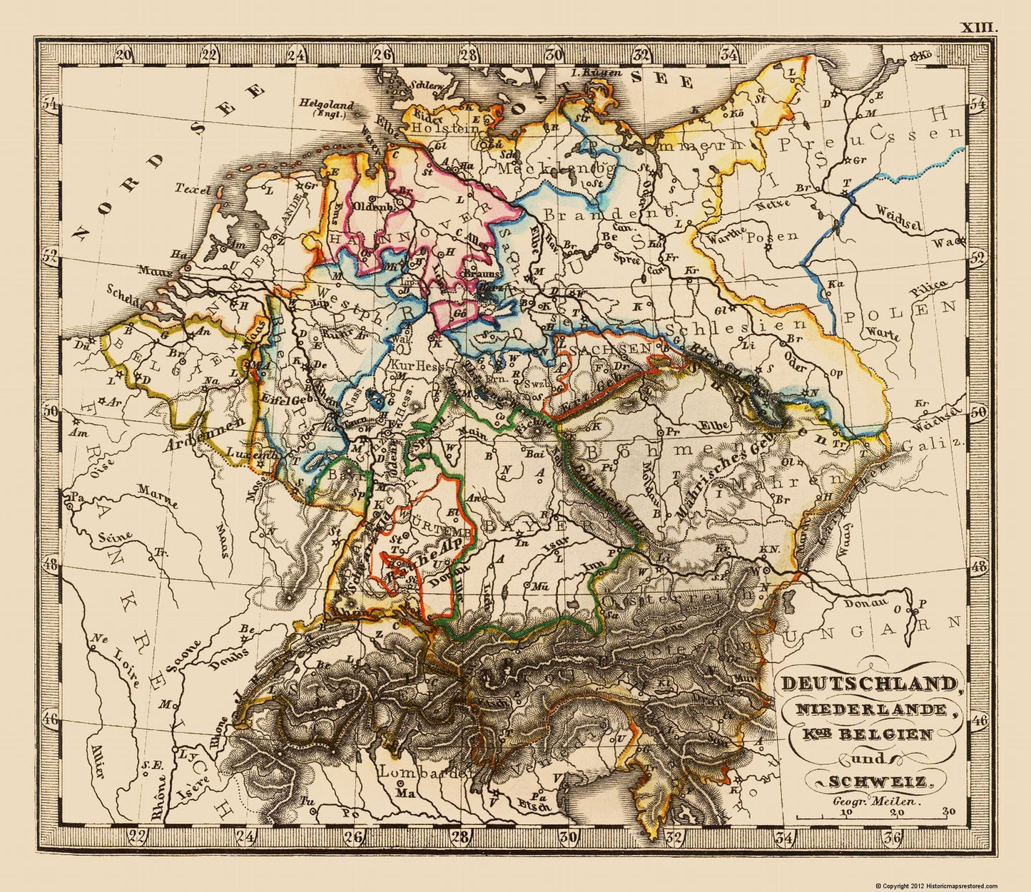 Historic Map - Germany Belgium Netherlands Switzerland Benelux - Stieler 1852 - 23 x 26.57 - Vintage Wall Art