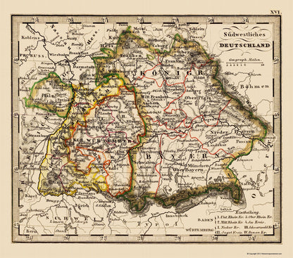 Historic Map - Germany Southwest - Stieler 1852 - 23 x 26.06 - Vintage Wall Art