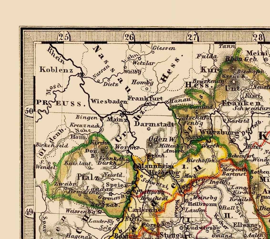 Historic Map - Germany Southwest - Stieler 1852 - 23 x 26.06 - Vintage Wall Art