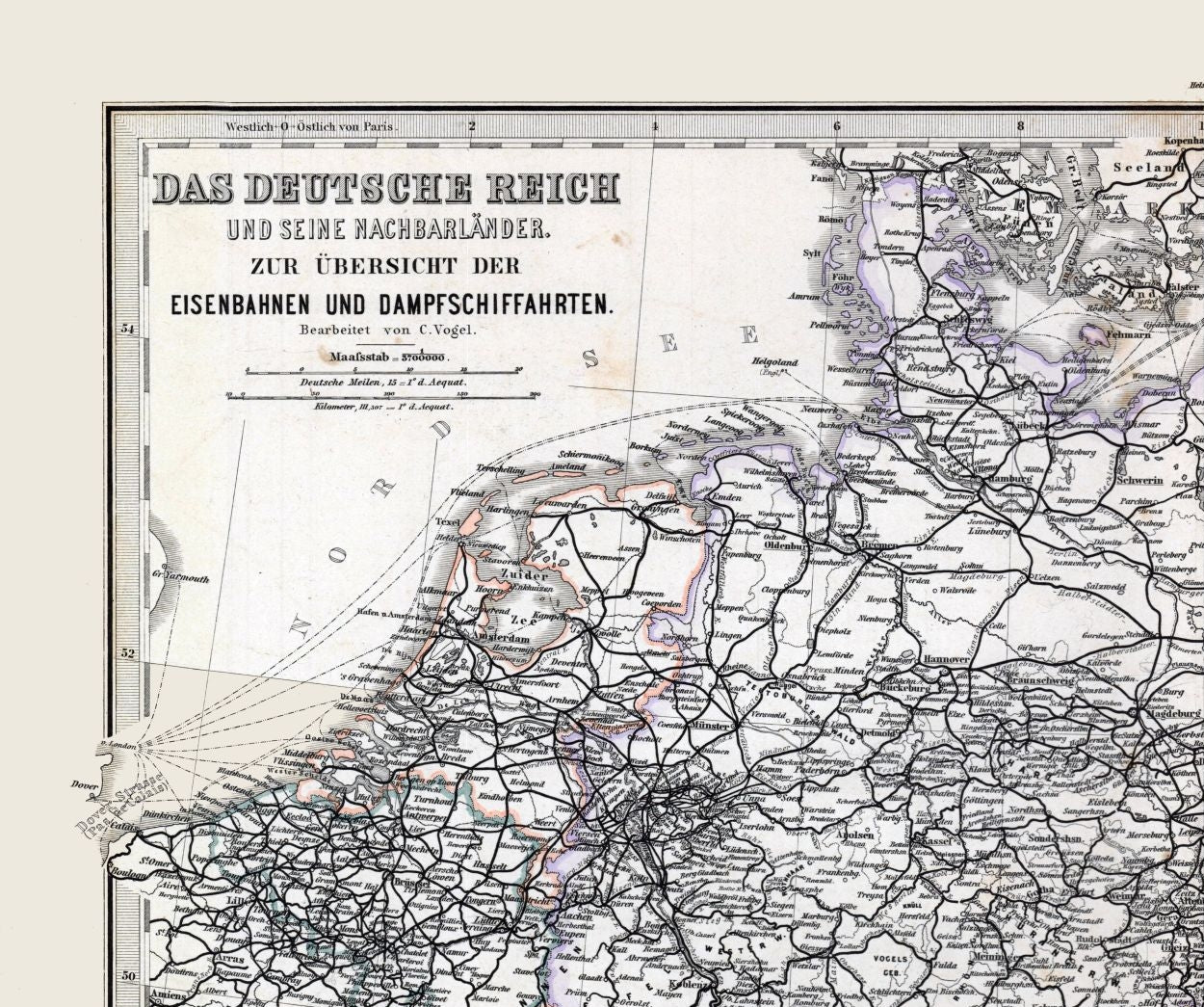 Historic Map - German Railways Steamboats - Stieler 1885 - 27.52 x 23 - Vintage Wall Art