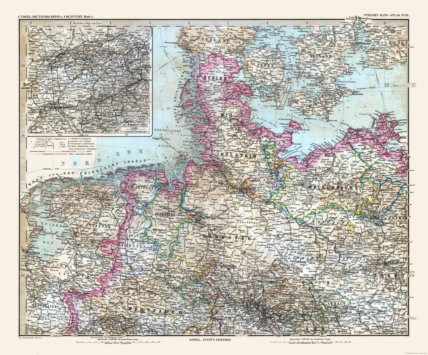 Historic Map - Germany Northwest - Stieler 1885 - 27.73 x 23 - Vintage Wall Art