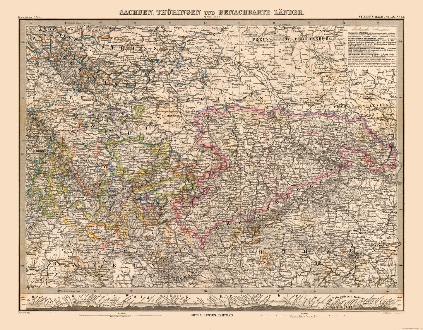 Historic Map - Saxony Thuringia Germany - Stieler 1885 - 27.68 x 23 - Vintage Wall Art