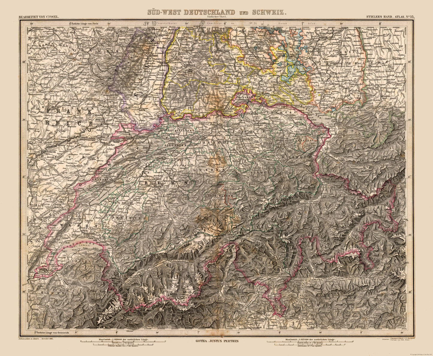 Historic Map - Germany Southwest Switzerland - Stieler 1885 - 27.95 x 23 - Vintage Wall Art