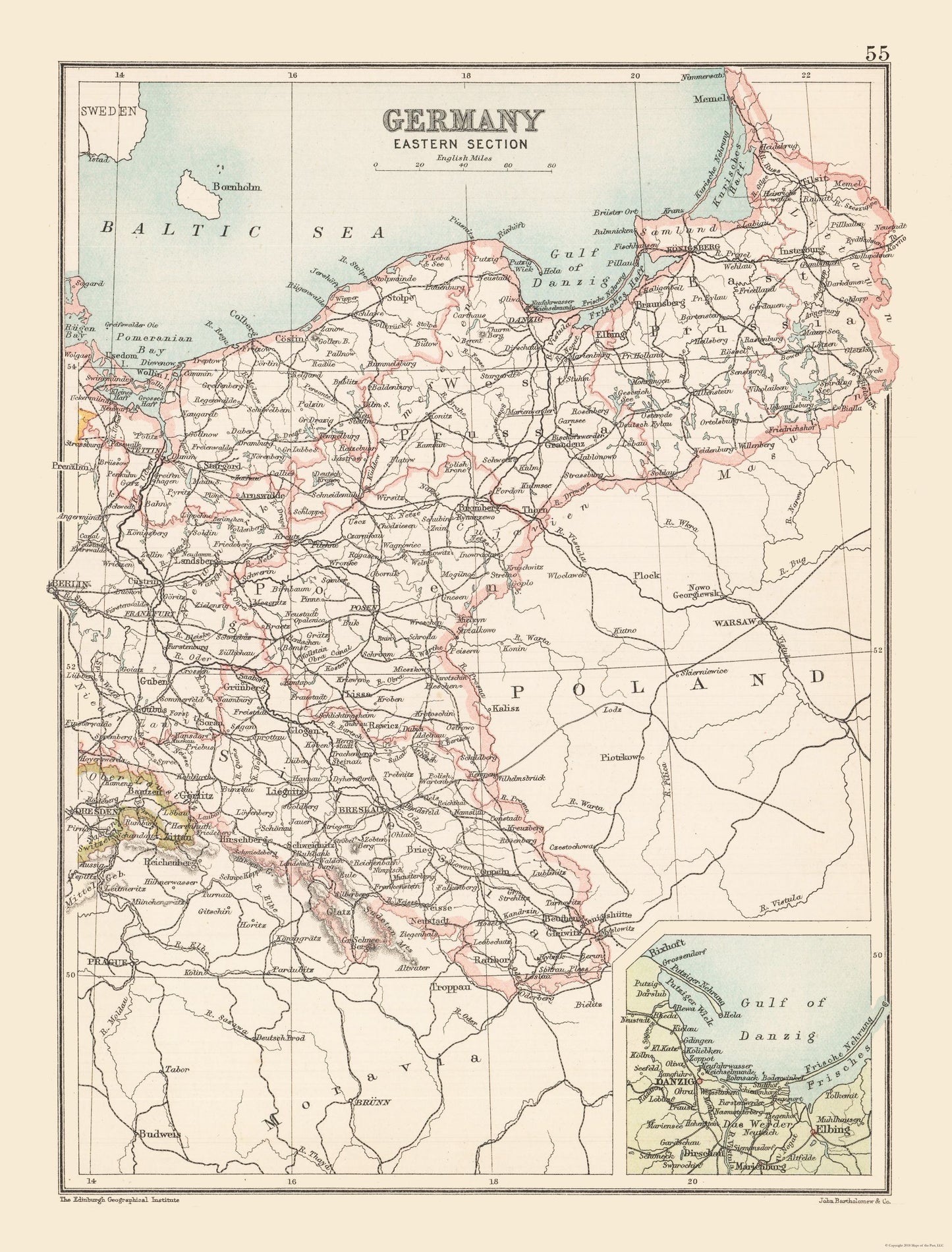 Historic Map - Germany Eastern - Bartholomew 1892 - 23 x 30.25 - Vintage Wall Art