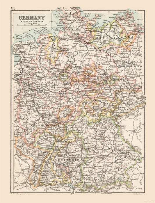 Historic Map - Germany Western - Bartholomew 1892 - 23 x 30.11 - Vintage Wall Art
