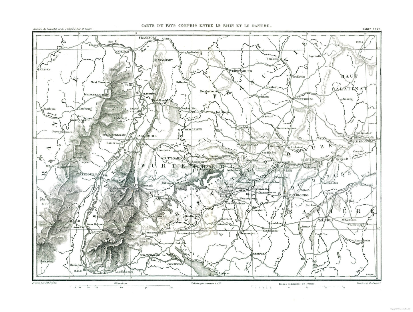 Historic Map - Rhine Danube Rivers Germany France - Thiers 1866 - 30.41 x 23 - Vintage Wall Art