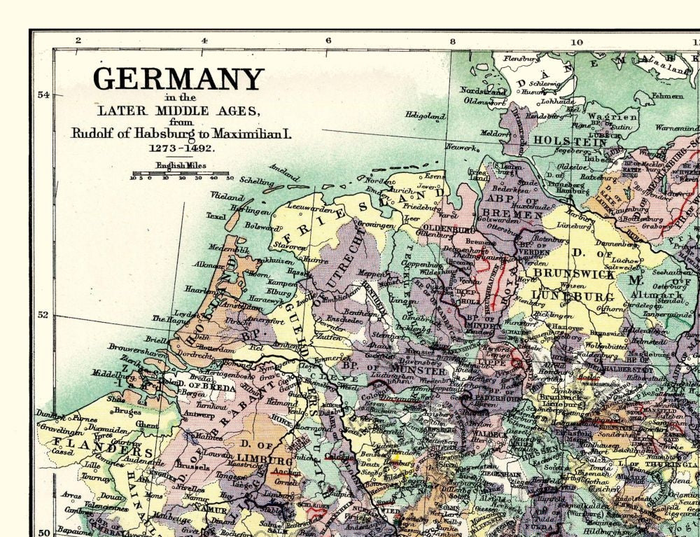 Historic Map - Germany Middle Ages 1273 to 1492 - Poole 1902 - 30.00 x 23 - Vintage Wall Art