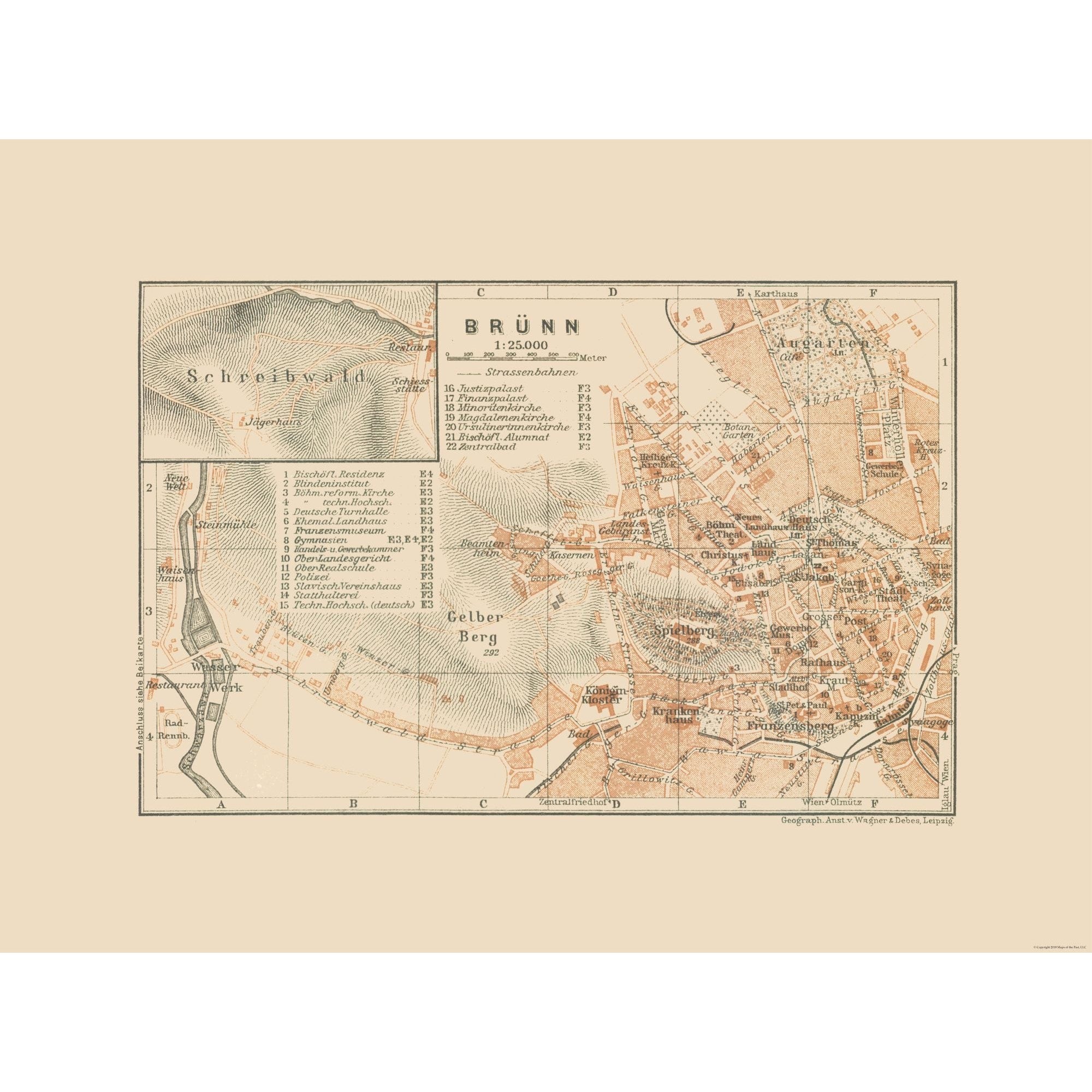 Brunn Map Historic Map - Brunn Germany - Baedeker 1910 - 30.88 x 23 - Vintage Wa ...