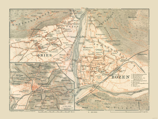 Historic Map - Gries Bozen Germany Italy - Baedeker 1910 - 30.63 x 23 - Vintage Wall Art