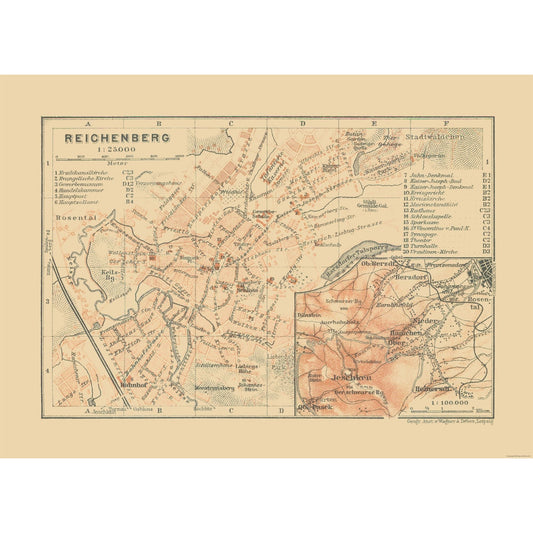 Historic Map - Reichenberg Germany - Baedeker 1910 - 31.95 x 23 - Vintage Wall Art