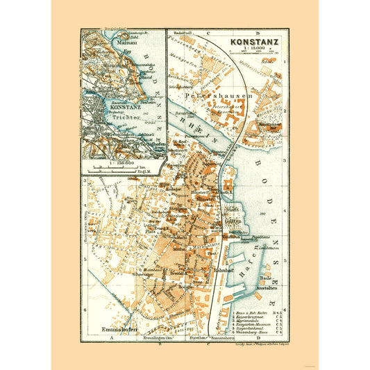 Historic Map - Konstanz Germany - Baedeker 1921 - 23 x 31.80 - Vintage Wall Art