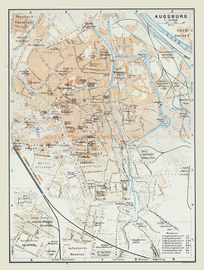 Historic Map - Augsburg Germany - Baedeker 1914 - 23 x 30.47 - Vintage Wall Art