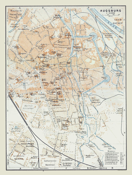 Historic Map - Augsburg Germany - Baedeker 1914 - 23 x 30.47 - Vintage Wall Art