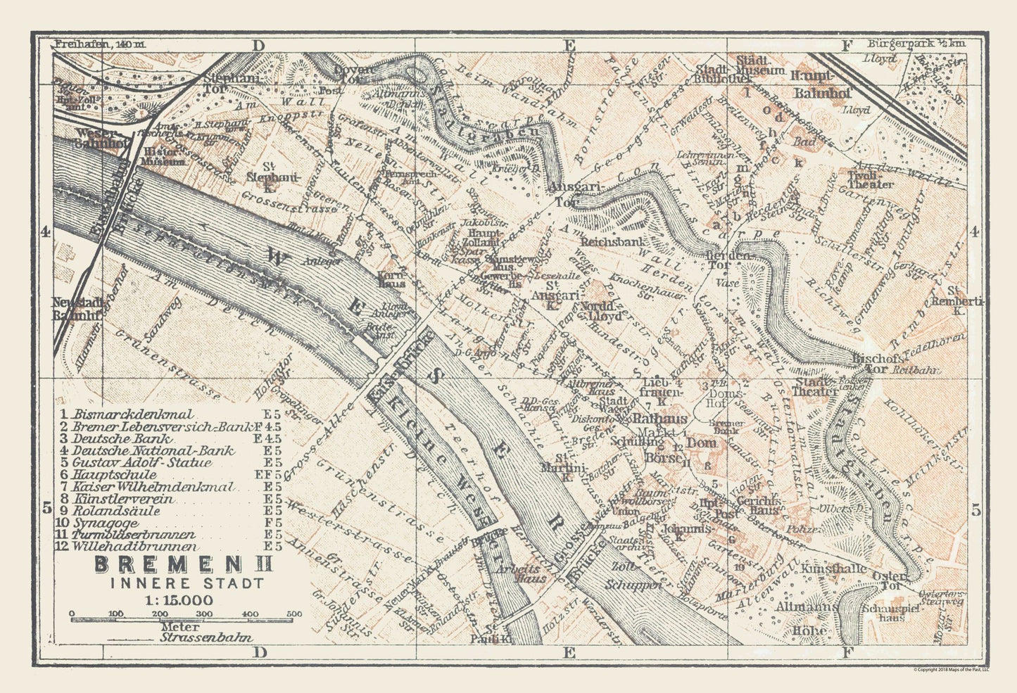 Historic Map - Bremen Germany - Baedeker 1914 - 33.75 x 23 - Vintage Wall Art