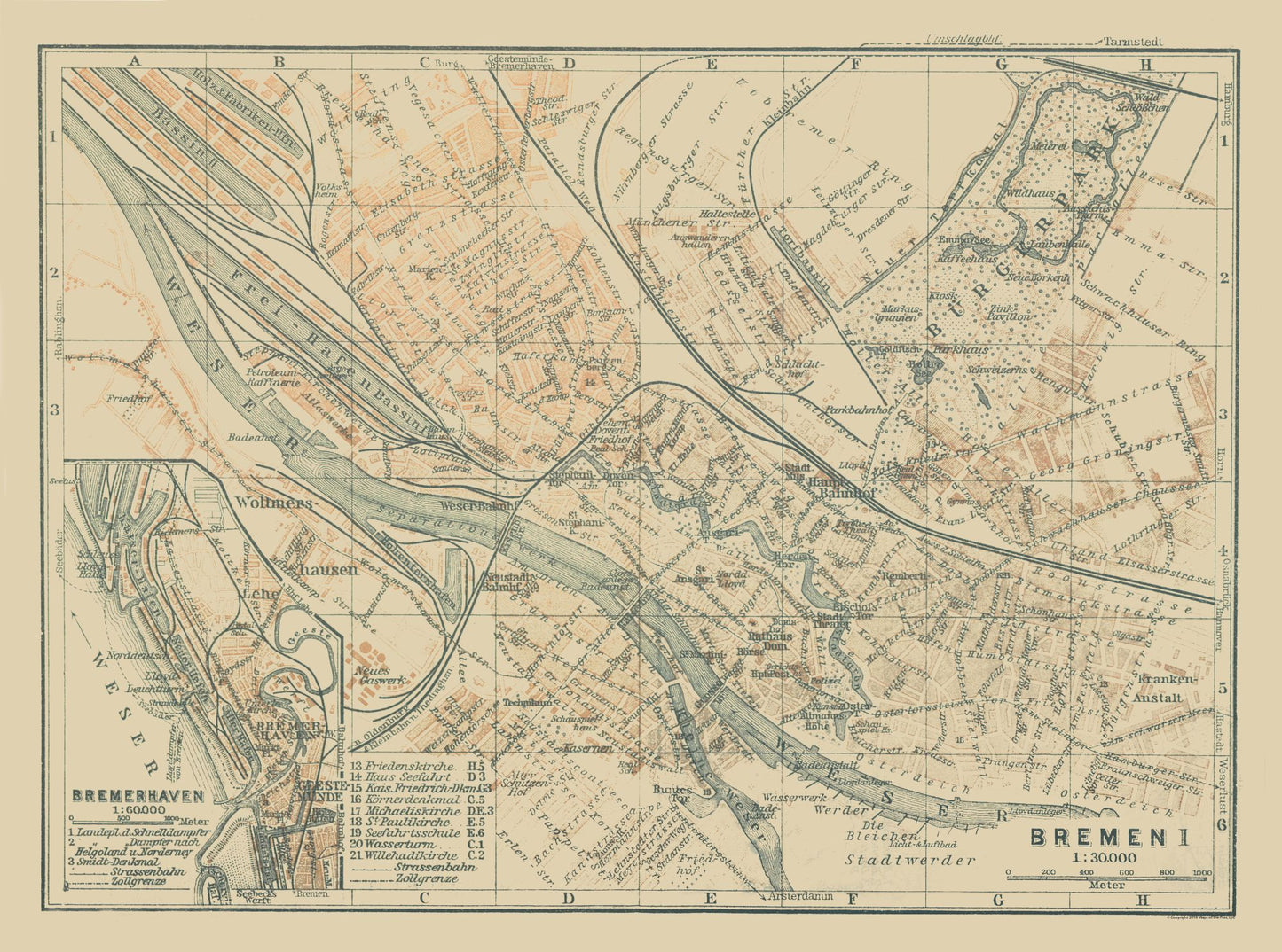 Historic Map - Bremen Bremerhaven Germany - Baedeker 1914 - 30.93 x 23 - Vintage Wall Art