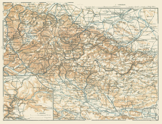 Historic Map - Ober Harz Unter Harz Germany - Baedeker 1914 - 29.99 x 23 - Vintage Wall Art