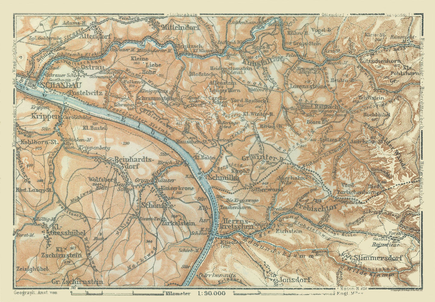 Historic Map - Saxon Switzerland Germany National Park - Baedeker 1914 - 33.06 x 23 - Vintage Wall Art