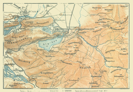 Historic Map - Fussen Region Germany - Baedeker 1914 - 33.29 x 23 - Vintage Wall Art