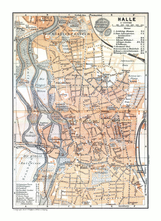 Historic Map - Halle Germany - Baedeker 1914 - 23 x 31.53 - Vintage Wall Art