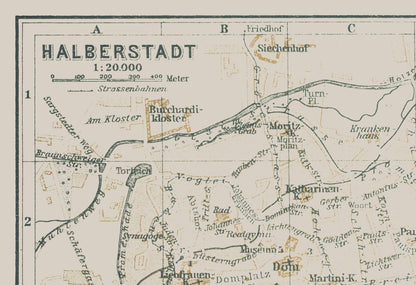 Historic Map - Halberstadt Germany - Baedeker 1914 - 33.50 x 23 - Vintage Wall Art