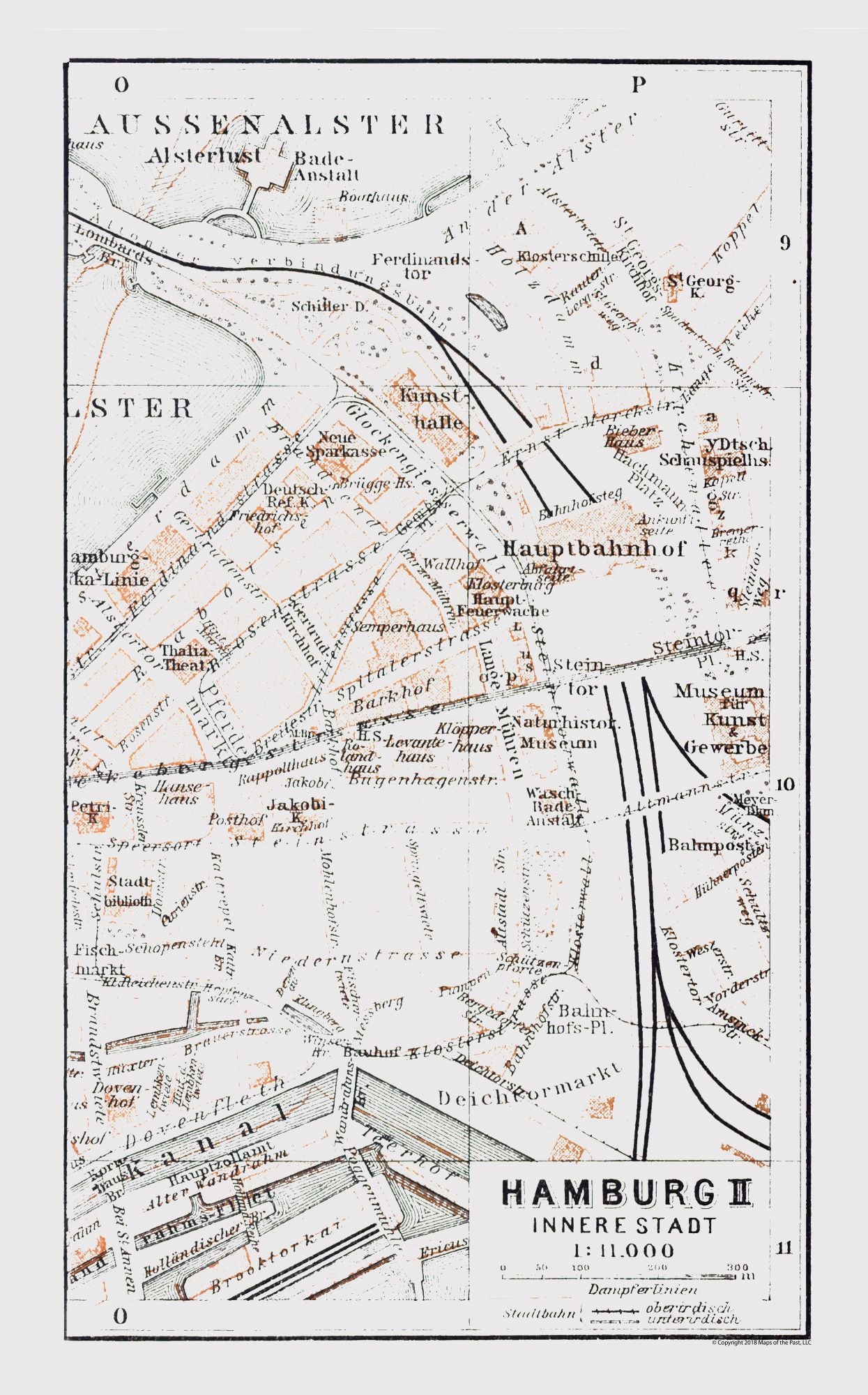 Historic Map - Hamburg Germany Inner City - Baedeker 1914 - 23 x 36.95 - Vintage Wall Art