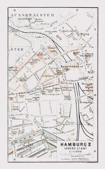 Historic Map - Hamburg Germany Inner City - Baedeker 1914 - 23 x 36.95 - Vintage Wall Art