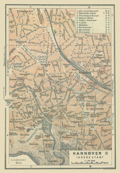 Historic Map - Hannover Germany Inner City - Baedeker 1914 - 23 x 33.13 - Vintage Wall Art