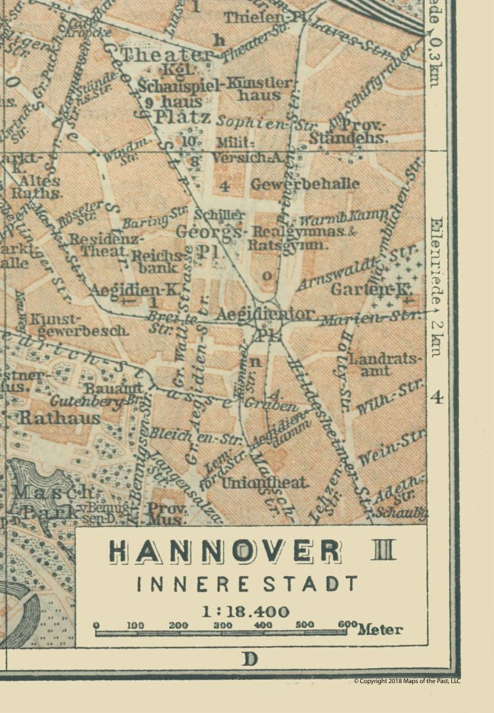 Historic Map - Hannover Germany Inner City - Baedeker 1914 - 23 x 33.13 - Vintage Wall Art