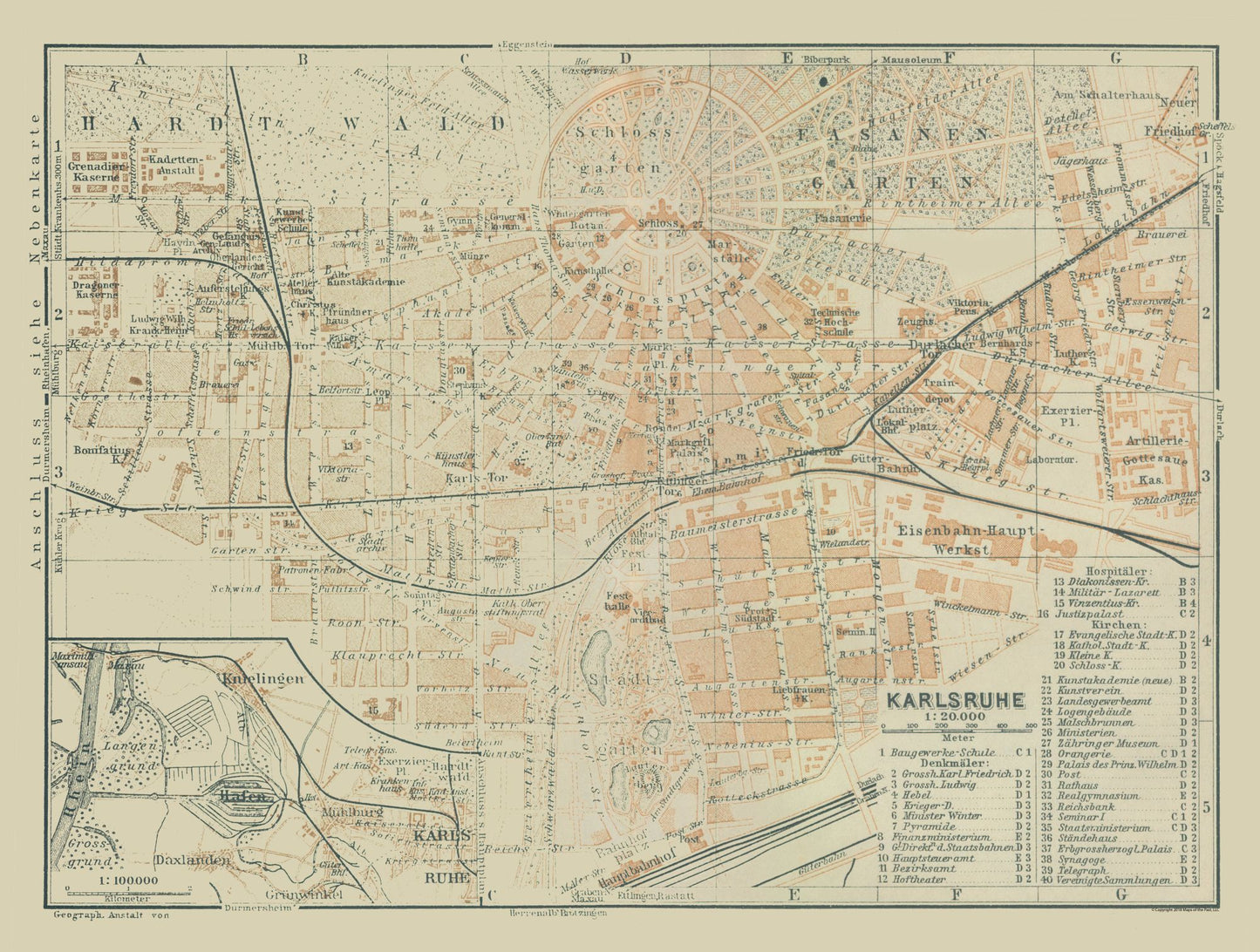 Historic Map - Karlsruhe Germany - Baedeker 1914 - 30.43 x 23 - Vintage Wall Art