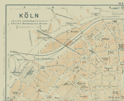 Historic Map - Cologne Germany - Baedeker 1914 - 28.12 x 23 - Vintage Wall Art