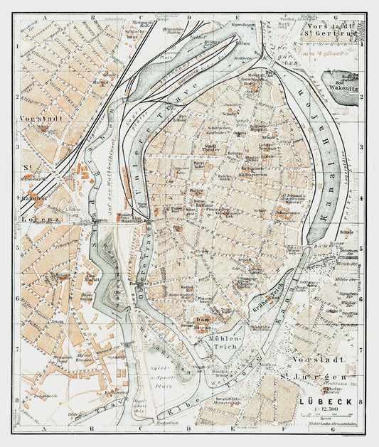 Historic Map - Lubeck Germany - Baedeker 1914 - 23 x 27.14 - Vintage Wall Art