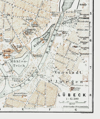 Historic Map - Lubeck Germany - Baedeker 1914 - 23 x 27.14 - Vintage Wall Art