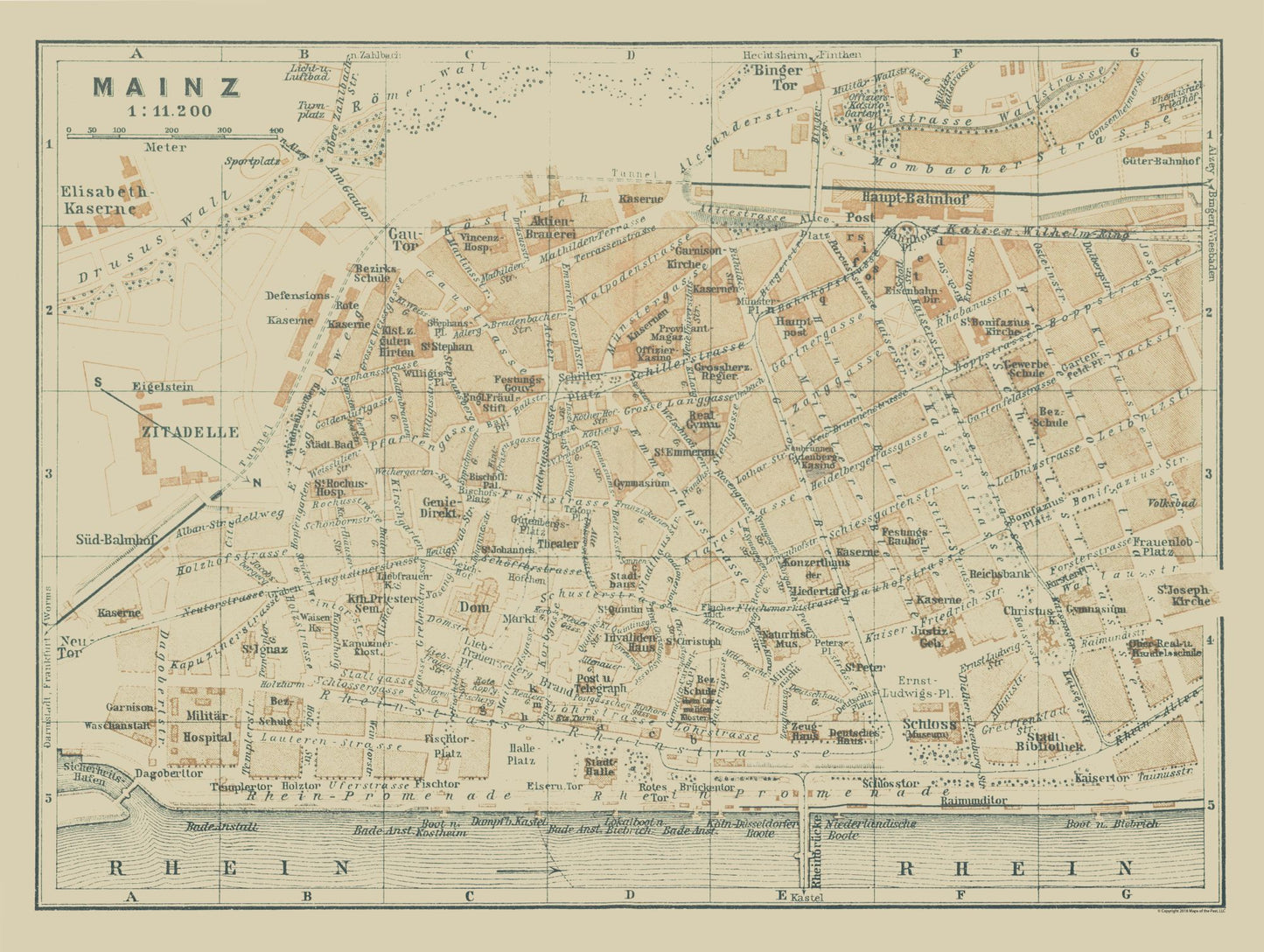 Historic Map - Mainz Germany - Baedeker 1914 - 30.55 x 23 - Vintage Wall Art