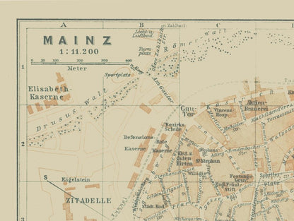 Historic Map - Mainz Germany - Baedeker 1914 - 30.55 x 23 - Vintage Wall Art